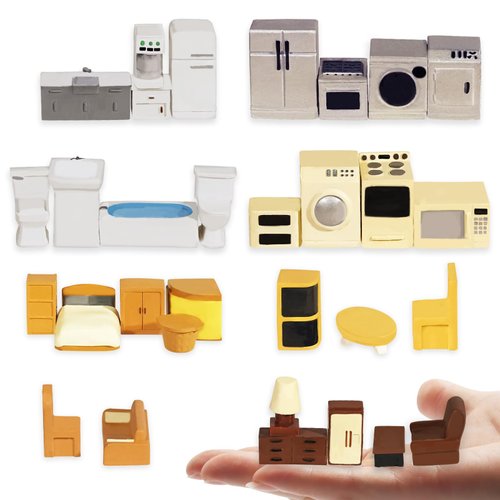 Hiawbon 31PCS Dollhouse Furniture Set, 1：48 Scale Resin Dollhouse Accessories and Furniture, Kitchen Bathroom and Living Room Set, Miniature Furniture Kit for Fairy Garden Home Decor