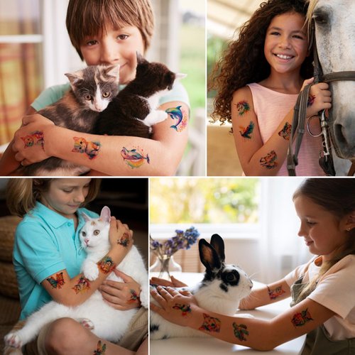 JoyfulGlam 60 PCS Watercolor Animal Temporary Tattoo For Kids Cute Lion Tiger And Horse Tattoos Stickers Birthday Party Supplies For Girls Boy Body Art