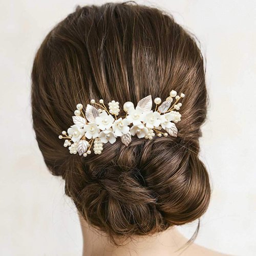 BETITETO Bridal White Hair Comb Pearl Leaf Ceramic Flower Hair Pin Piece Accessories for Wedding Women