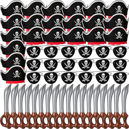 Cindeer Costume Headwear Pirate Party Set Includes 18 Pirate Hats, 18 Pirate Eye Patches, 18 Inflatable Swords for Cosplay, Fancy Dress, Halloween, Stage Props