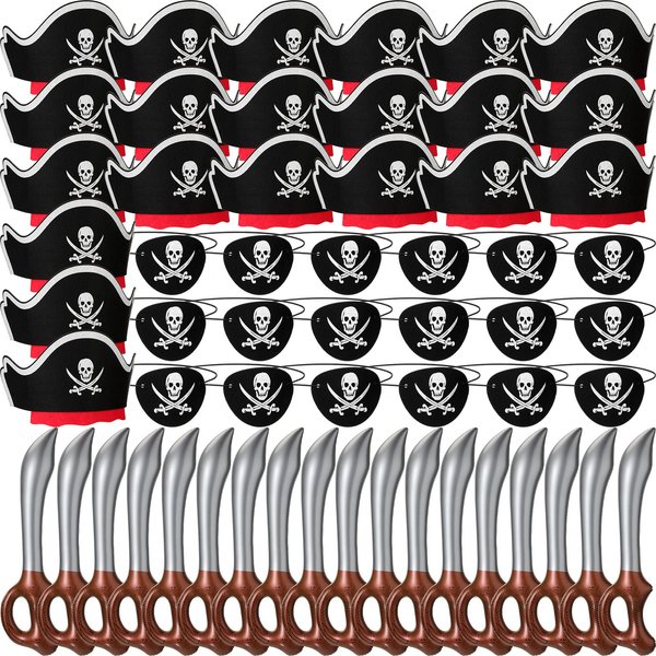 Cindeer Costume Headwear Pirate Party Set Includes 18 Pirate Hats, 18 Pirate Eye Patches, 18 Inflatable Swords for Cosplay, Fancy Dress, Halloween, Stage Props
