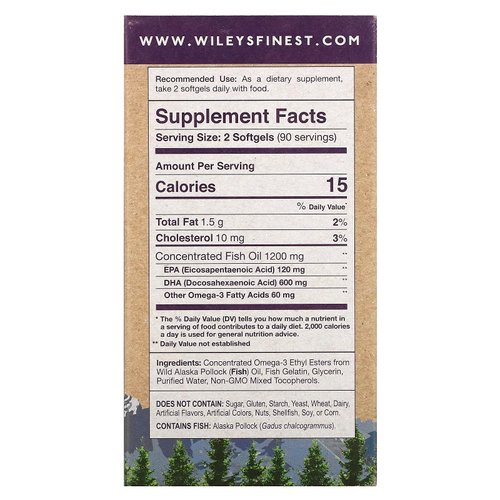 Wiley's Finest Wild Alaskan Fish Oil Prenatal DHA - 600mg DHA Omega-3s - 180 Softgels (90 Prenatal Vitamin Servings)