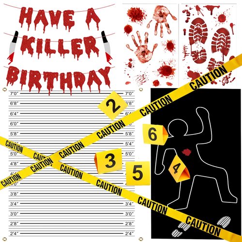 Akide Halloween Crime Scene Decorations Kit Have A Killer Birthday Banner Body Silhouette Crime Scene Tape Evidence Markers Mugshot Backdrop for Detective Murder Mystery Party Decorations
