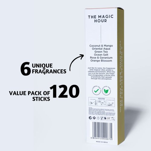 Folkulture Incense Sticks - Set of 6 Insenses (120 Insence Sticks) for Positive Aura - Coconut Mango, Oriental Aqua, Green Tea, Ocean Salt, Rose Geranium, Orange Blossom, Boho Gift Set, Magic Hour