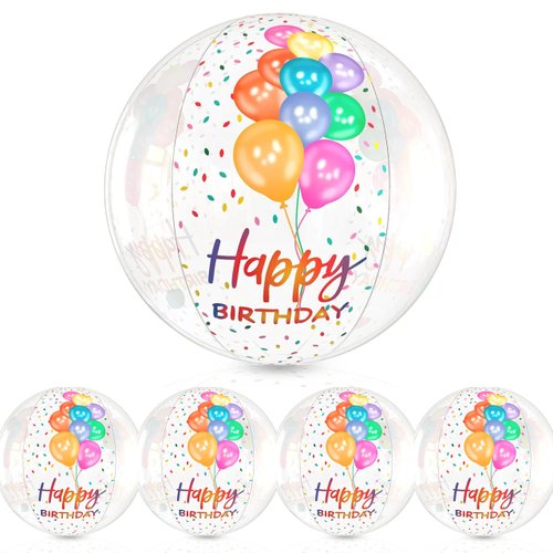 (5 Pack) Beach Ball with Happy Birthday Print, 20 Inches, Pool Party Fun Gift for Kids and Adults Birthday Party Games and Decorations