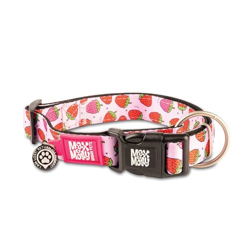 Max & Molly Strawberry Pink Dog Collar with Safety QR Code Dog Tag - Soft, Adjustable, & Waterproof Collar, Cute Summer Themed Designs for Both Girl and Boy Dogs & Puppies, Medium
