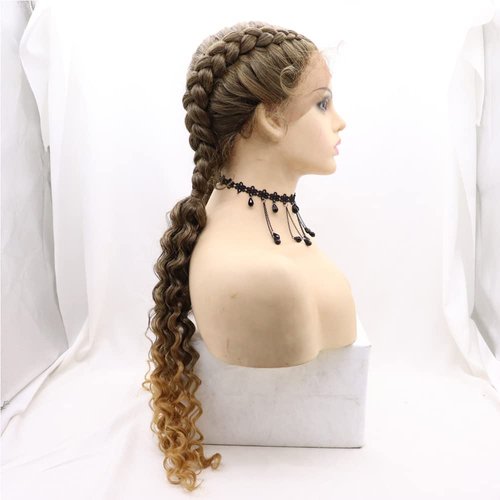 xiweiya Ombre Copper Brown Wig Long Braided Wigs Add Crimped Hair Highlight 2X Double Twist Braided Curly Synthetic 360 Full Lace Front Wig with Baby Hair for Women,Drag Queen Halloween Makeup Party