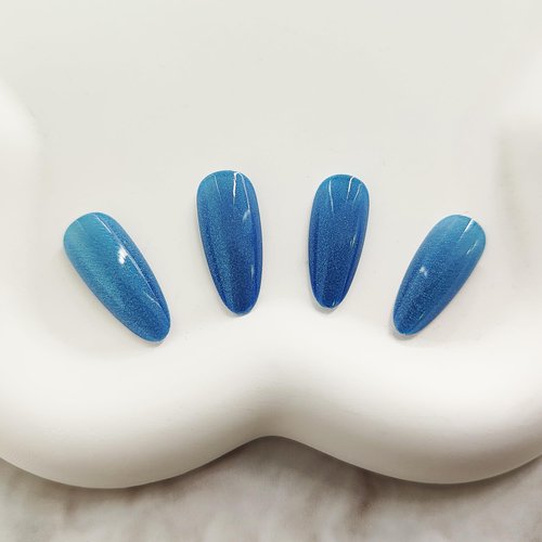 KKUUOO Blue Cat Eye Press on Nails Almond Fake Nails Gradient Acrylic Nails with Glitter Full Cover False Nails Glossy Stick on Nails Reusable Artificial Nails Jelly Press on Nails for Women Girls