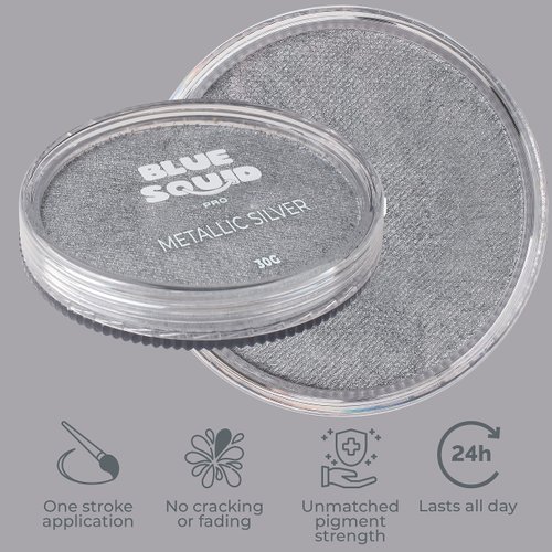 Blue Squid PRO Face Paint - Professional Water Based Single Cake Facepaint & Body Paints - SFX Makeup, Kids Adults Face Painting for Costume, Halloween, Cosplay - Metallic Silver 30g / 1oz