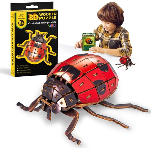 Flybean Eco-Friendly STEM Wooden 3D Puzzle for Kids Age 6+, Realistic Ladybug Insect Model Kit for Kids,Science Building Toy, Christmas & Birthday Gifts for Boys and Girls, Exquisite Decor