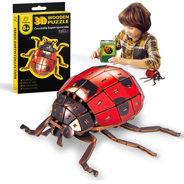 Flybean Eco-Friendly STEM Wooden 3D Puzzle for Kids Age 6+, Realistic Ladybug Insect Model Kit for Kids,Science Building Toy, Christmas & Birthday Gifts for Boys and Girls, Exquisite Decor
