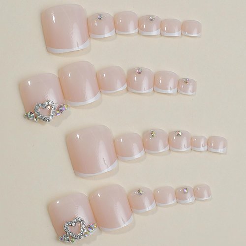 French Tip Press One Toe Nails for Women Fake Toenail with Rhinestones Designs Heart Glossy Fashion False Toenail Full Cover Acrylic Nails Art DIY Foot Nails Design Toenail Tips 24Pcs