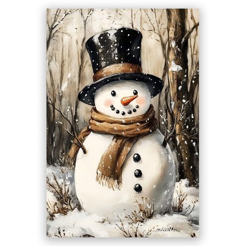 Christmas Wall Art Cute Snowman Poster Christmas Canvas Prints Vintage Painting Cottagecore Posters Academia Christmas pictures Decor Winter Xmas Holiday Home Dorm Room Decoration 8x12inch Unframed