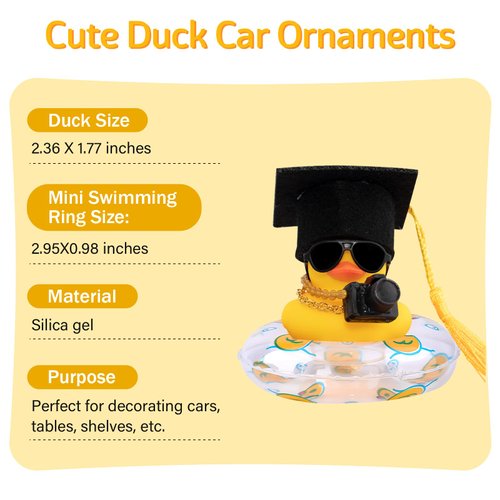 wonuu Rubber Duck Dashboard Decorations Camera Duck Car Accessories for Car Ornament with Mini Hat Swim Ring Necklace and Sunglasses,F_Graduation Cap Reddish Brown Ring