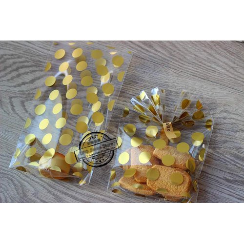 JHere 100 Pack Gold Polka Dot Candy Bags with 100Pcs Gold Metallic Twist Ties, Clear Plastic Treat Bags for Cookie Candy Snack Gift Wrapping Party Favor - 5.1'' by 8.2'' by 1.5''