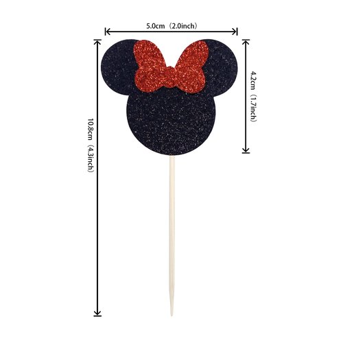 24 PCS Black and Red Mouse Inspired Cupcake Toppers with Bow Glitter Mini Cupcake Picks Decorations for Baby Shower Wedding Kids Birthday Party Supplies
