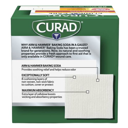 Curad SoothePLUS Gauze Pads with ARM & HAMMER Baking Soda, 2" x 2", 25 count, White