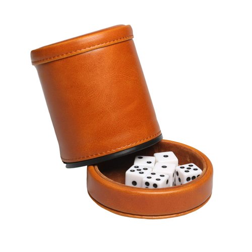 RERIVER Leatherette Dice Cup with Lid includes 6 Dices, Velvet Interior Quiet in shaking for Liars Dice Farkle Yahtzee Board Games, Brown