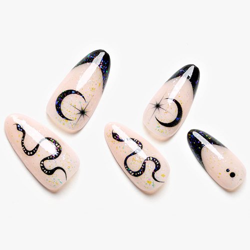 GLAMERMAID Nude White Press on Nails Medium Black French Tip, Gothic Short Fake Nails Almond, Acrylic False Nail Kits with Glitter Snake Design, Stick Glue on Nails Sets, Round Oval Nails for Women