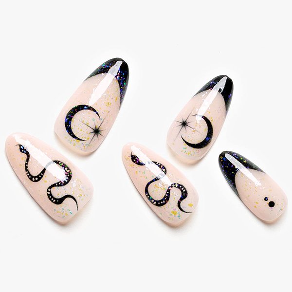 GLAMERMAID Nude White Press on Nails Medium Black French Tip, Gothic Short Fake Nails Almond, Acrylic False Nail Kits with Glitter Snake Design, Stick Glue on Nails Sets, Round Oval Nails for Women