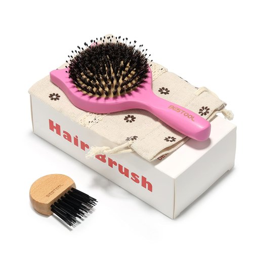 Hair Brush, BESTOOL Small Travel Hair Brushes for Women, Men or Kids, Wooden Toddler Boar Bristle Hair Brush for Detangling, Defrizz, Distribute Oil (Pink)