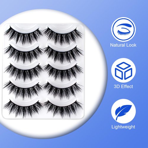 False Eyelashes Natural Look Faux Mink Lashes Pack Handmade Fluffy False Eyelashes 5 Pairs Eye Lashes Easy to Apply Reusable Strip Lashes