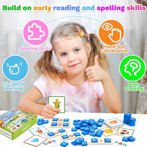 AluAbi Wooden CVC Word Spelling Games, Sight Words Flash Cards Reading Letters for Beginner Preschool Learning Activities Montessori Educational Toy Gift for 3 4 5 6 Year Old Kids