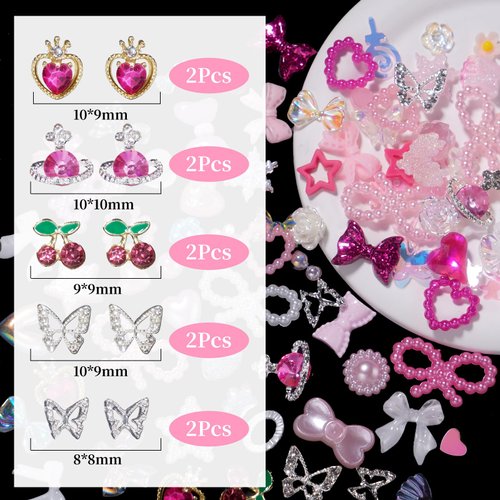 3D Silver Butterfly Cherry Planet Nail Rhinestones Gems Charms Mix Pink Variety Pearls Nail Charms Assorted Bow Butterfly Heart Bear Star Nail Charms for Nail Art DIY Manicure Jewel Accessories