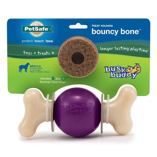 PetSafe Busy Buddy Bouncy Bone Dog Toy - Treat-Holding Toys for Dogs- Scented for Enhanced Sensory Stimulation- Rigorously Tested Ingredients- for Aggressive Chewers- Treat Refills Available - M/L