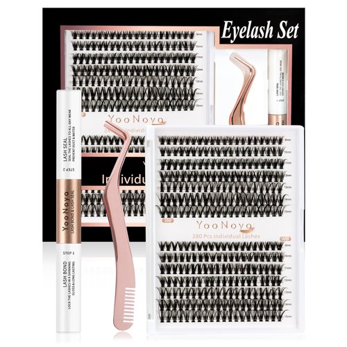 YOONOYA DIY Lash Extension Kit 280 Clusters Individual Lashes Kit 30D 40D 9-15mm D Curl Lash Clusters, Lash Bond and Seal, Lash Tweezer for DIY Eyelash Extension at Home（Kit-30D+40D-9-15MIX）