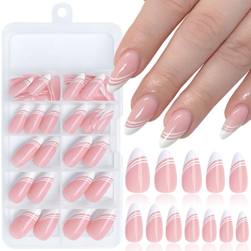 LoveOurHome 120pc Almond Press on Nails Medium Fake Nail Nude Press on Nail Almond False Nail Acrylic White French Tips Press Nails Swirl Artificial Nail & Glue Adhesive Tabs for Women Girls Kids