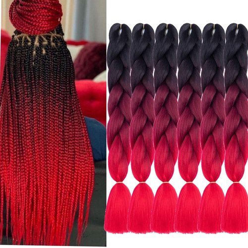 SHUOHAN 6 Packs Ombre Jumbo Braiding Hair Extensions 24 Inch High Temperature Synthetic Fiber Hair Extensions for Box Braids Braiding Hair (Black to Deep Red to Red)