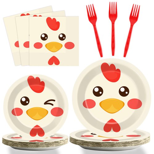 gisgfim 96 Pcs Chicken Birthday Party Supplies Paper Plates Napkins Chicken Themed Party Birthday Decorations Favors for Kids Serves 24