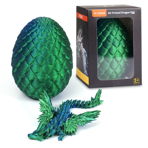 PETBSNVB 7" 3D Printed Dragon with Wings in Egg, Easter Basket Stuffers, Crystal Dragon Surprise in Eggs, Articulated Dragon, Dragon Fidget Toy, Home Office Decor Executive Desk Toy (Laser Blue)