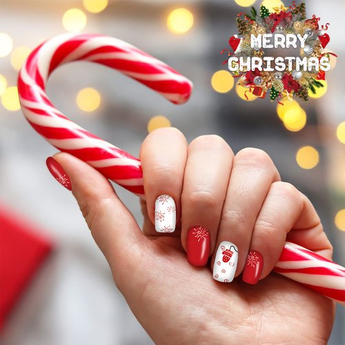 12 Sheets Christmas Full Nail Wraps Nail Art Polish Strips Stickers, Self-Adhesive Full Wrap Nail Art Decals Christmas Tree Snowflake Elk Santa Claus for Xmas Party Nail Decor with 2 Piece Nail Files
