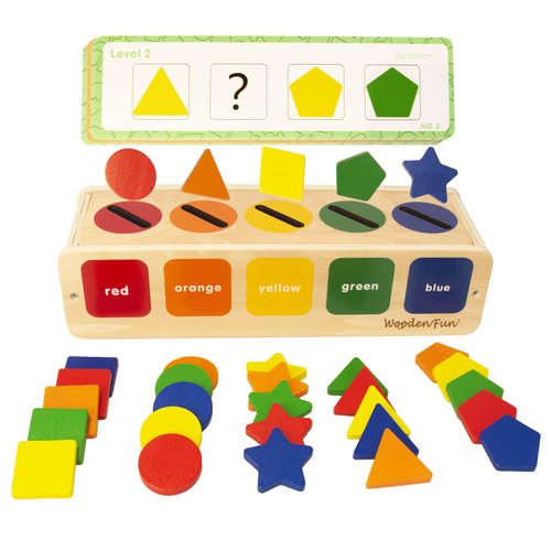 WOODENFUN Color Shape Sorting Toy for Toddler 1-3, Wooden Montessori Toy Shape Sorter Color Matching Box Game, Learning Sensory Toy Gift for Boy Girl 1 2 3 Year Old