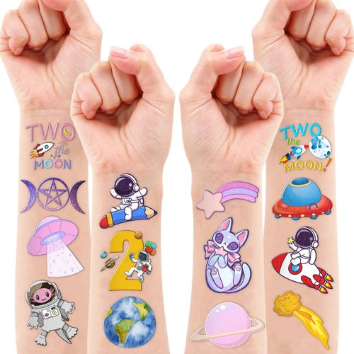 Two the moon 2nd Birthday Temporary Tattoos - Space Adventure with Astronauts and Galaxy Theme - 91PCS Tattoos for Kids' Birthday Party, Decorations, Favors, and Gifts