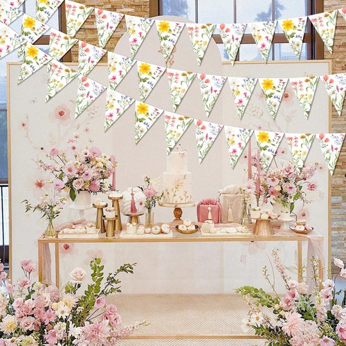 3 Pieces Wildflower Triangle Banner Pre-Strung Vintage Floral Banner Wild Flower Garland Paper for Wildflower Theme Wedding Shower Bridal Shower Baby Shower Birthday Party Supplies