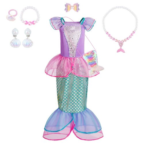 TPMG Little Mermaid Princess Dress up Clothes for Girls Kids Toddler Birthday Outfits with Tails Bag Necklace Set, 9Y-10Y
