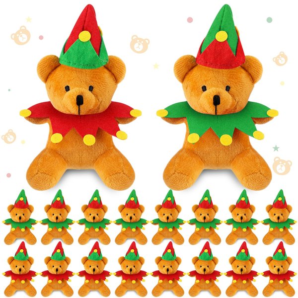 Haull 18 Pcs Stuffed Animals Bears Gifts Plush Bears Bulk Mini Soft Stuffed Toys Small Cute Plush Bear 4" for Kids Adults Party Favors Home Decoration(Christmas Elf)