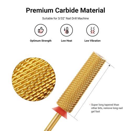 MelodySusie Super Long Tapered Nail Drill Bits, 3/32'' Carbide Tungsten Bits, Suitable for Manicure Pedicure Cuticle Gel Polishing, Professional Advanced Bits, Gold, Series Bit-X, Fine