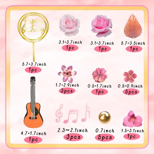 Guitar Cake Toppers Pink Music Note Flower Birthday Cake Decorations for Kid Girl Women Music Boho Theme Party Guitar Musician Rock Theme Party Supplies