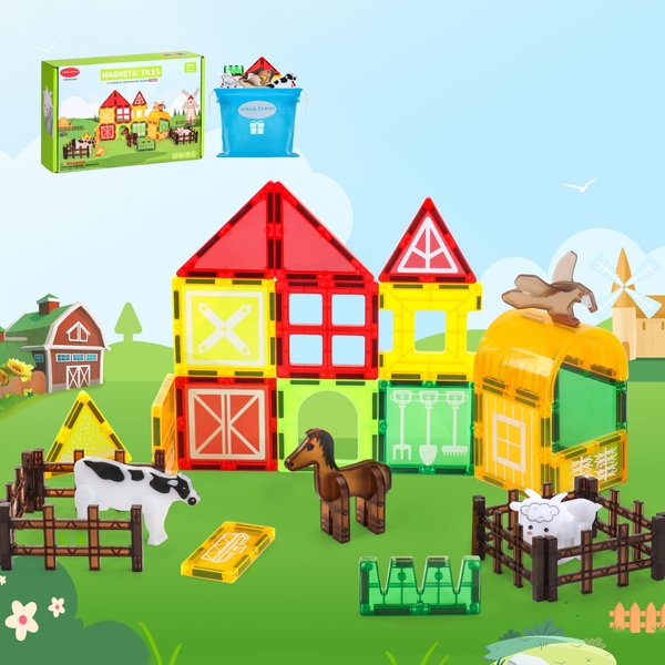 VANLINNY Magnetic Tiles Farm,Animal Magnet Toys for Toddlers-Kids Magnetic Building Blocks STEM Toys for Ages 3-8,Constrution Sets Educational Toys-Coolest Xmas Birthday Gifts for Boys and Girls