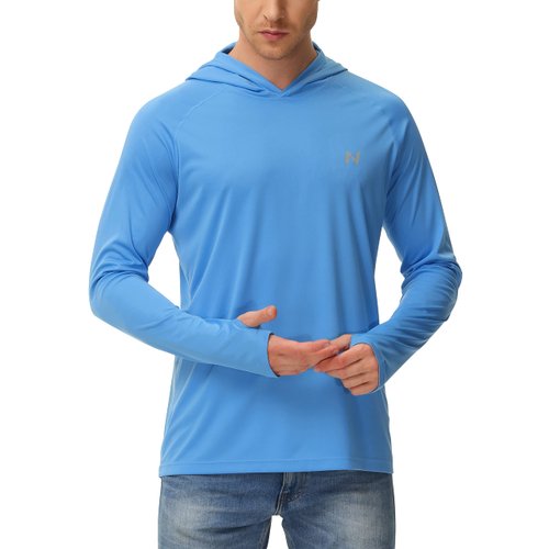 isnowood Sun Shirt UPF 50+ Men's Fishing Long Sleeve UV Protection Hoodie Hiking Rash Guard Swimming Running Blue