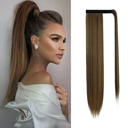 SOFEIYAN Long Straight Ponytail Extension 28 inch Wrap Around Ponytail Synthetic Hair Extensions Clip in Ponytail Hairpiece for Women, Dark Brown/Golden Auburn