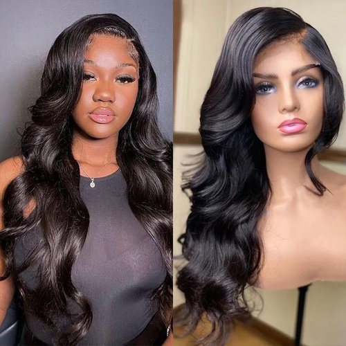Meinod Body Wave Synthetic Lace Front Wigs Black Long Wavy Heat Resistant Fiber Hair Half Hand Tied Glueless Wigs Natural Hairline Daily Wigs for Women