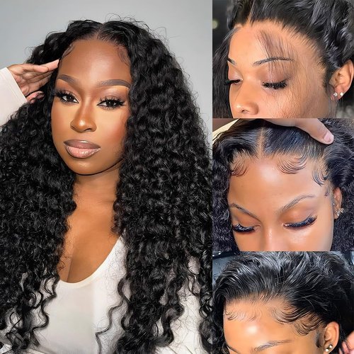 ISWEET 4x4 Wear and Go Glueless Wigs Human Hair Pre Plucked Pre Cut Curly, 16 Inch Deep Wave Lace Front Wigs Human Hair with Baby Hair, 180 Density HD Invisible Lace Frontal Wigs Human Hair for Women