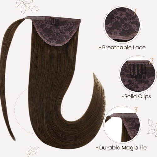 Hetto Natural Brown Human Hair Ponytail Extensions #4 Chocolate Brown Clip in Ponytail Hair Extensions Remy Hair 16 Inch 80g Straight Ponytail Hair Piece