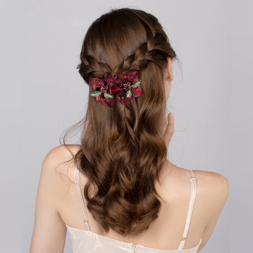 Mistofu 3.93Inch DIY Copper Wire Metal Hand-woven High-level design Barrettes Elegant Hair Accessories, Gifts for Women Girls (Red gradient double flower)