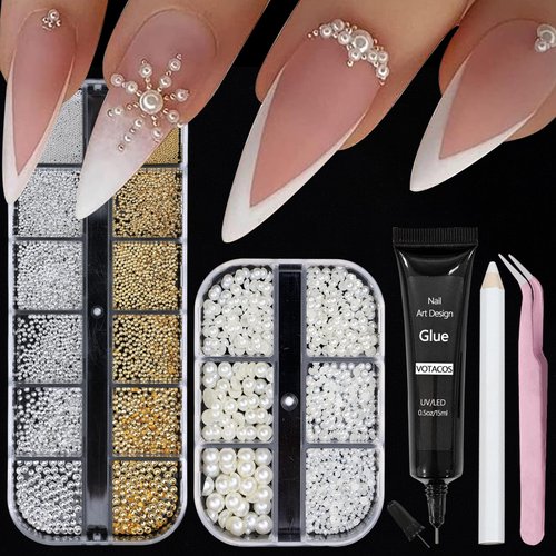 VOTACOS Nail Art Pearls with Nail Rhinestones Glue Gel Flatback Pearls Nail Charms Luxurious Nail Supplies Accessories Gold Silver Nail Gems Jewelry Pearls for Women Nail Design